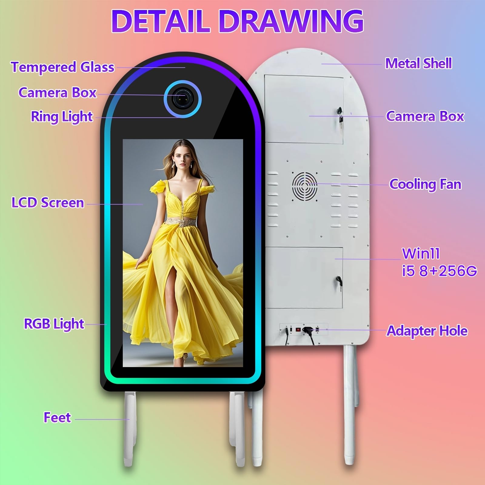 Magic Mirror Fotobudka ze światłem RGB (łukowy ekran dotykowy 32 cale, urządzenie do fotobudki)