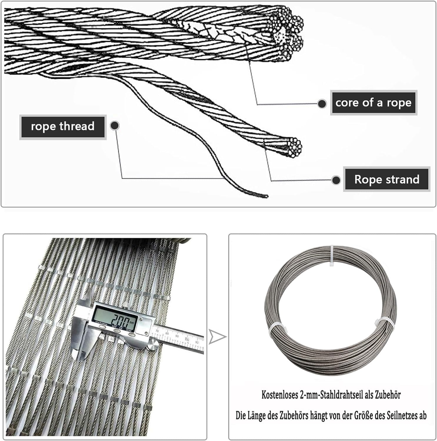 304 Edelstahl-Seilnetz, Flexibles Seil-Geländer-Netz, 5cm/2mm Sicherheitsnetz, Geflügelzuchtnetz, Sicherheitsnetze für Geländer(1.5x5m)