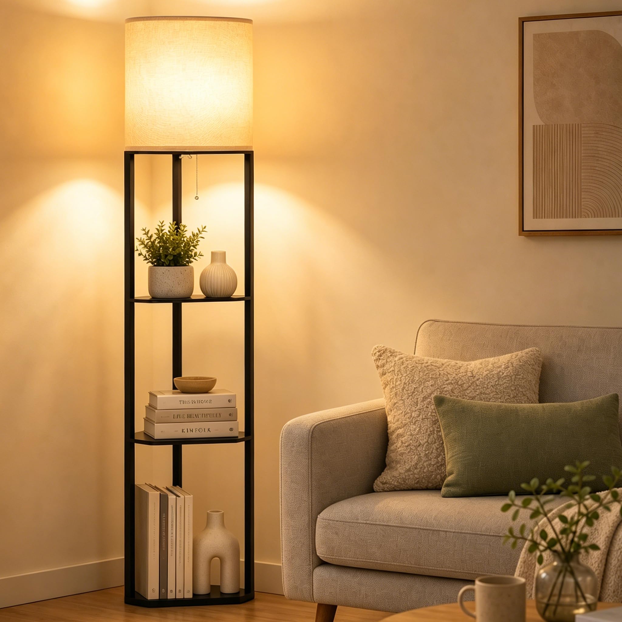 ARTETHYS Floor Lamp, Floor Lamps with Shelves for Living Room, Standing Tall Corner Lamps with E27 Socket 3-Tier Storage Shelf for Bedroom, Bulb Not Included, Black