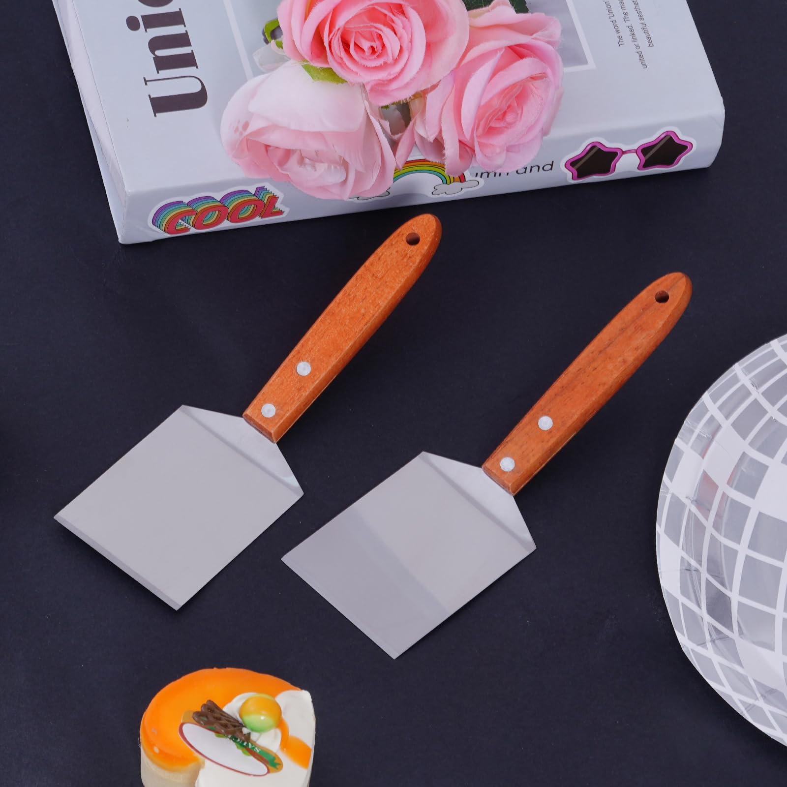 2 espátulas pequeñas de brownie para galletas de acero inoxidable con mango de madera para cocina, cocina, espátula, espátula para hornear, 2.5 x 8.2 pulgadas 5