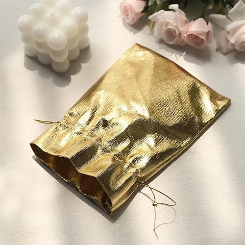 Miniatura 2 de Efavormart - Paquete de 10 bolsas de regalo de poliéster cojo dorado metálico de 5 x 7 pulgadas, bolsa de tela brillante con cordón