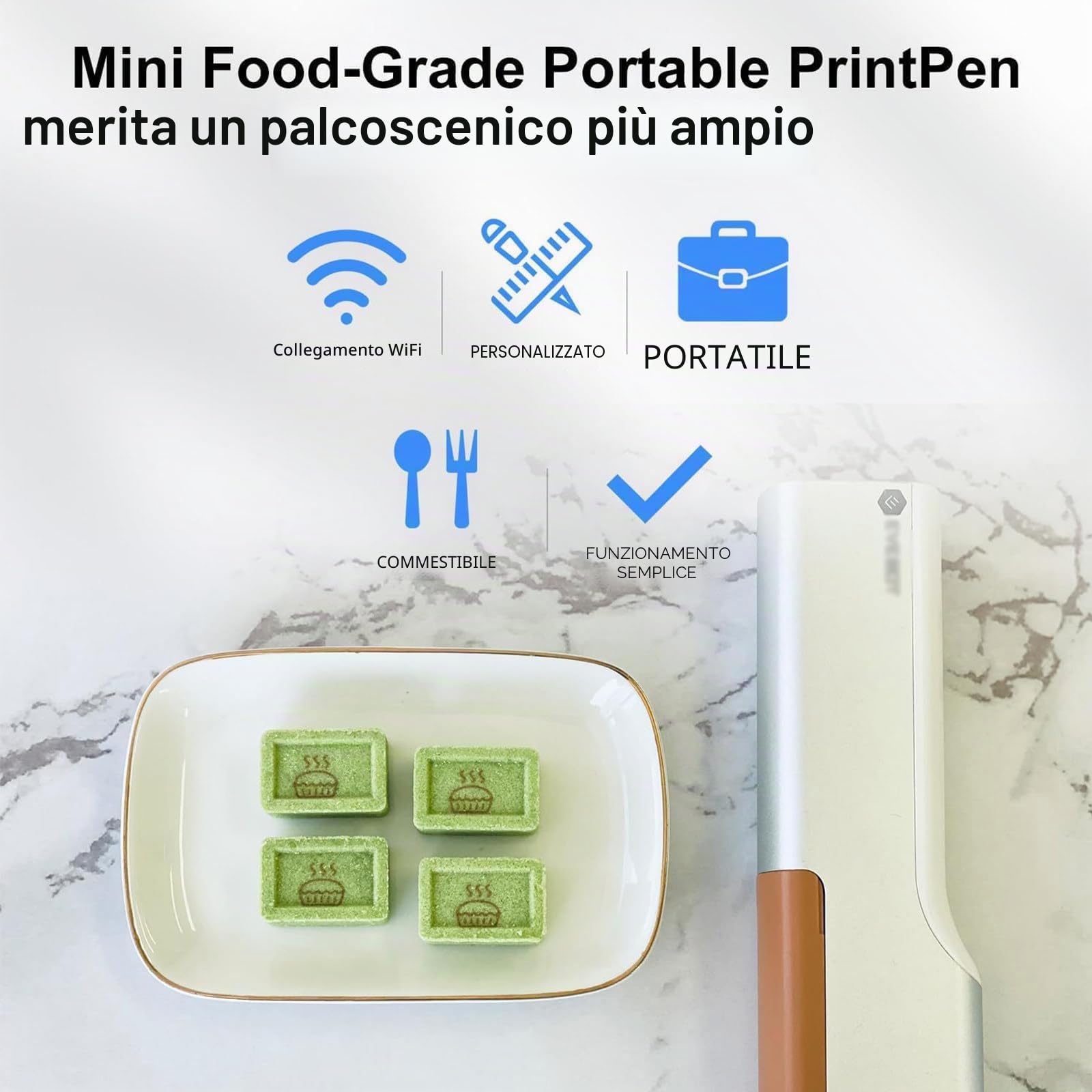 Stampante Commestibile Portatile, Stampante Alimentare Multifunzionale, Penna a Getto D'inchiostro Wireless per Alimenti Con Controllo App, Precisione 300 Dpi, Per Caffè, Pane, Torte, Biscotti,Brown