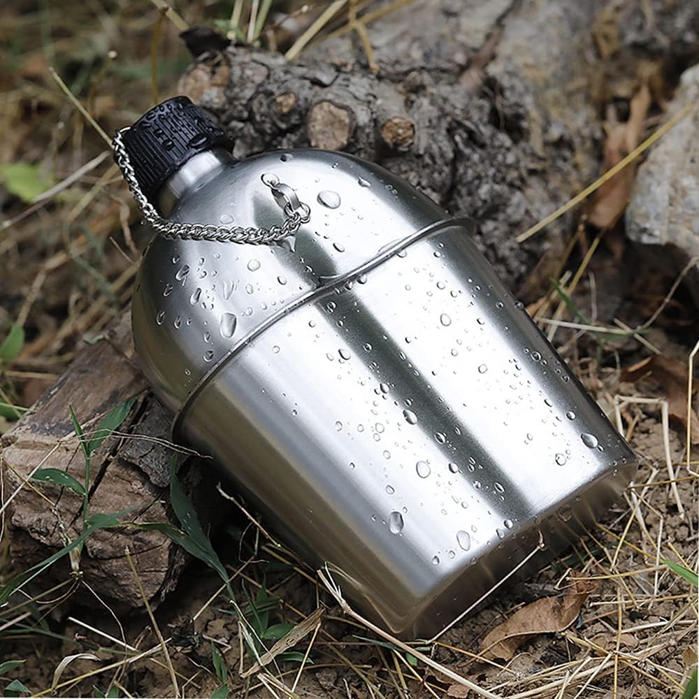 Alomejor 1000ml 600ml Stainless Steel Canteen Cup Canteen Cup with Foldable Handle Green Cover Bag for Camping Hiking