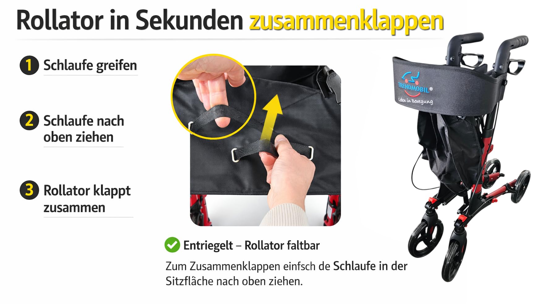 Kofferraum Rollator von FabaCare, Kompakt-Rollator, Dreifachfaltbar – Leichtgewicht, Vollausstattung, höhenverstellbar, Aluminium, bis 136 kg belastbar – platzsparend für Auto, Reise & Alltag, Weinrot