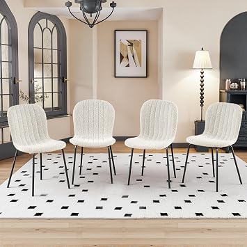 Dining Chairs Set of 4, Modern Boucle Dining Room Chairs with Black Metal Legs, Comfortable Armless Side Kitchen Chair for Home, Living Room, Bedroom, Restaurant, White