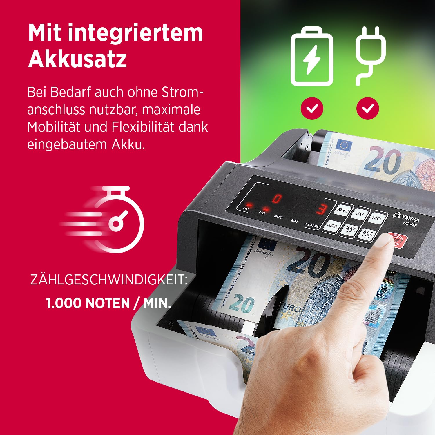 Olympia NC 452 Akku Geldzählmaschine & Geldscheinprüfer | Falschgeld Prüfer | Geldzählmaschine Scheine | Banknotenzähler mit UV MG Sensoren | LCD Display | Zählmaschine für Geldscheine & Banknoten