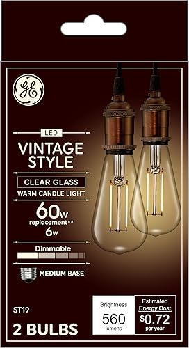 GE Bombillas LED de estilo vintage, bombillas estilo Edison ST19, bombillas LED regulables, reemplazo de 60 W, vidrio transparente, luz cálida de