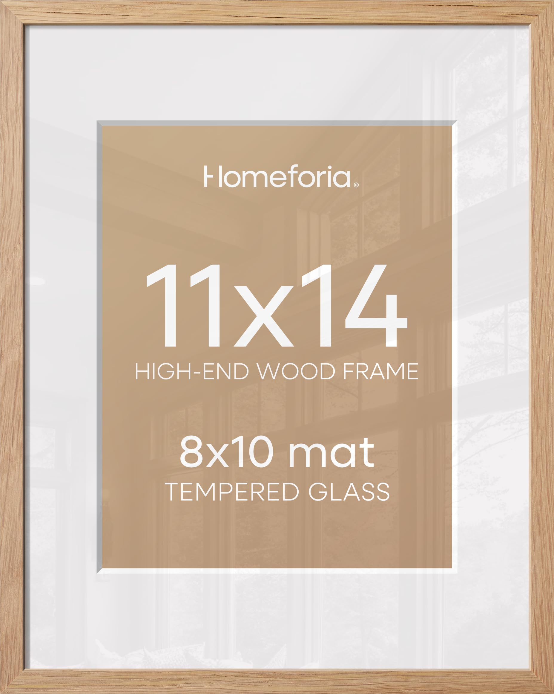 Homeforia 11x14 Natural Oak Picture Frame, High-End Wood, 8x10 Mat, Glass | High End Solid Oak Wood, Tempered Glass, Acid-Free 8x10 Removable Mat, 11x14 Edge-to-Edge Display 14x11, Wall Kit, Set Of 2