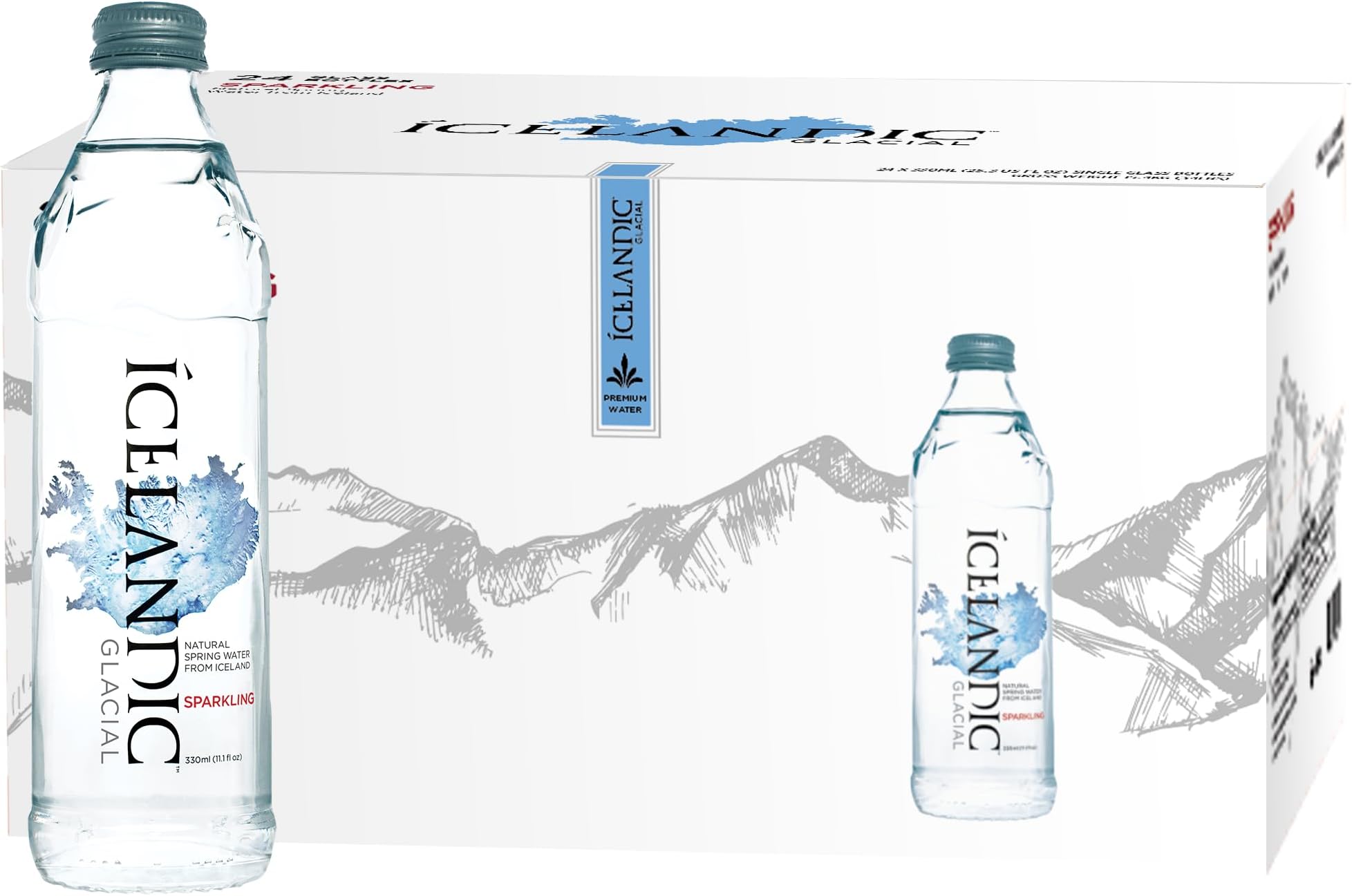 Icelandic Glacial Premium Sparkling Water 330ml Glass Bottles x 24 Per Pack – Alkaline/Low PH, Recycled Packaging, BPA Free, Carbon Neutral from Icelandic Spring. Low TDS and Mineral Content.