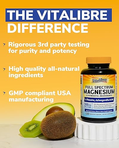 Miniatura 6 de Suplemento complejo de magnesio 500 mg + Ashwagandha, L-teanina, vitamina B6 y apio, glicinato de magnesio de alta absorción, citrato, malato, apoyo