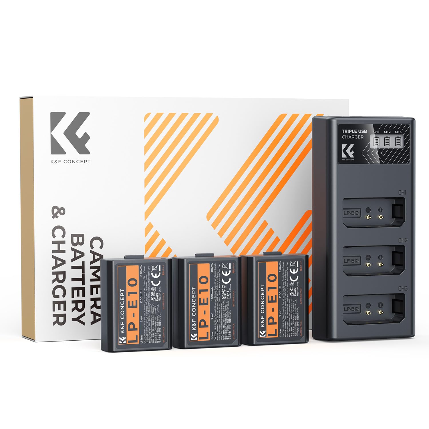 K&F CONCEPT LP-E10 3 Pack Baterías 1200mAh y Cargador LCD de 3 Ranuras Compatible con Canon EOS Rebel T7 T6 T5 T3 T100 Kiss X50 Kiss X70 EOS 1100D 1200D 1300D 2000D