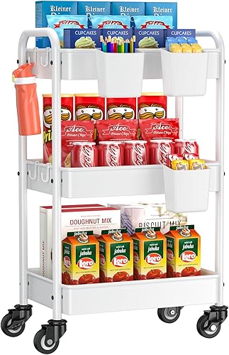 YASONIC Carrito con ruedas de 3 niveles, carrito utilitario de metal con ruedas, organizador de almacenamiento mejorado con tazas y ganchos