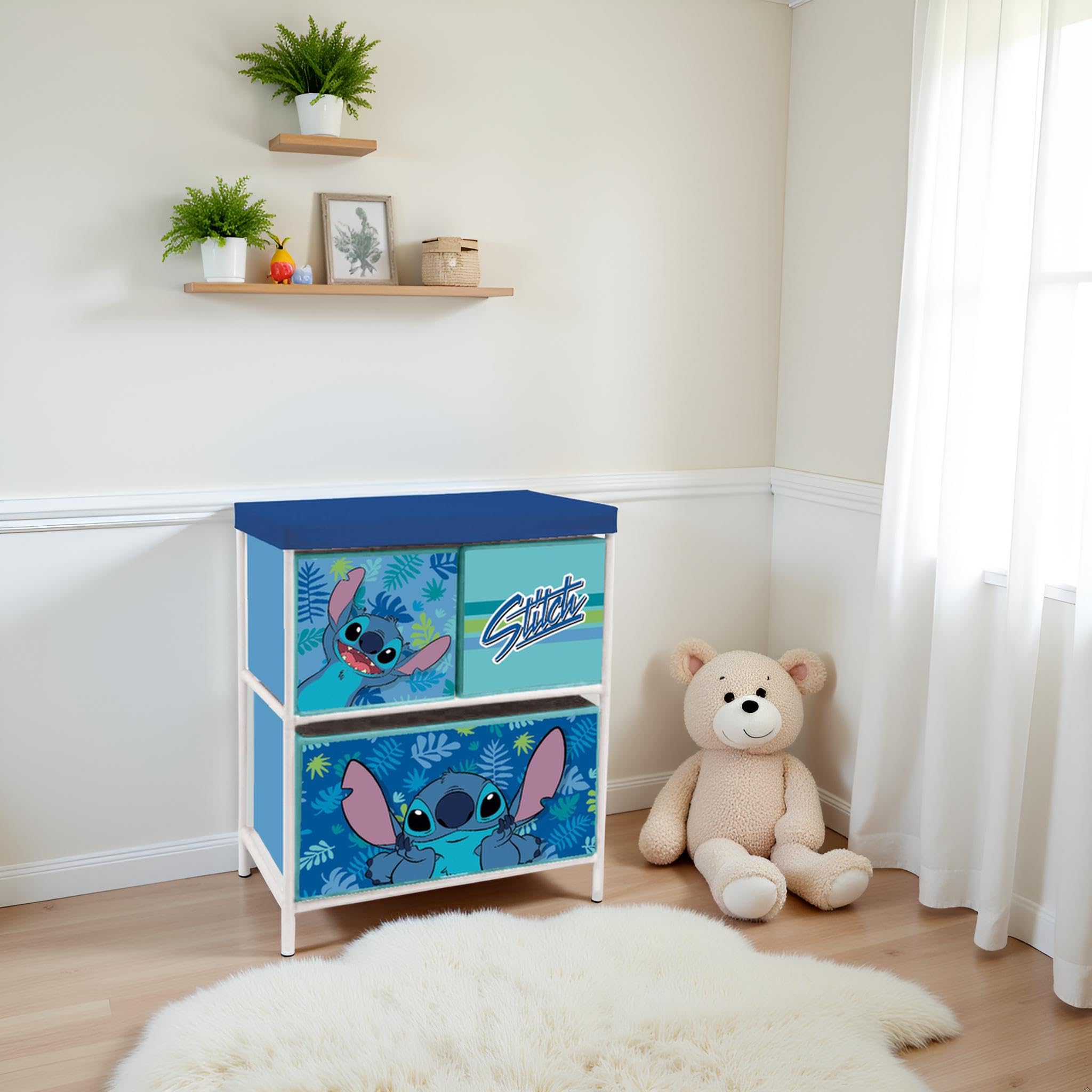 ARDITEX - Étagère pour Enfants avec 3 bacs en Tissu de Disney Stitch - Structure en métal et bacs en Polyester - 53x30x60 cm - Bleu