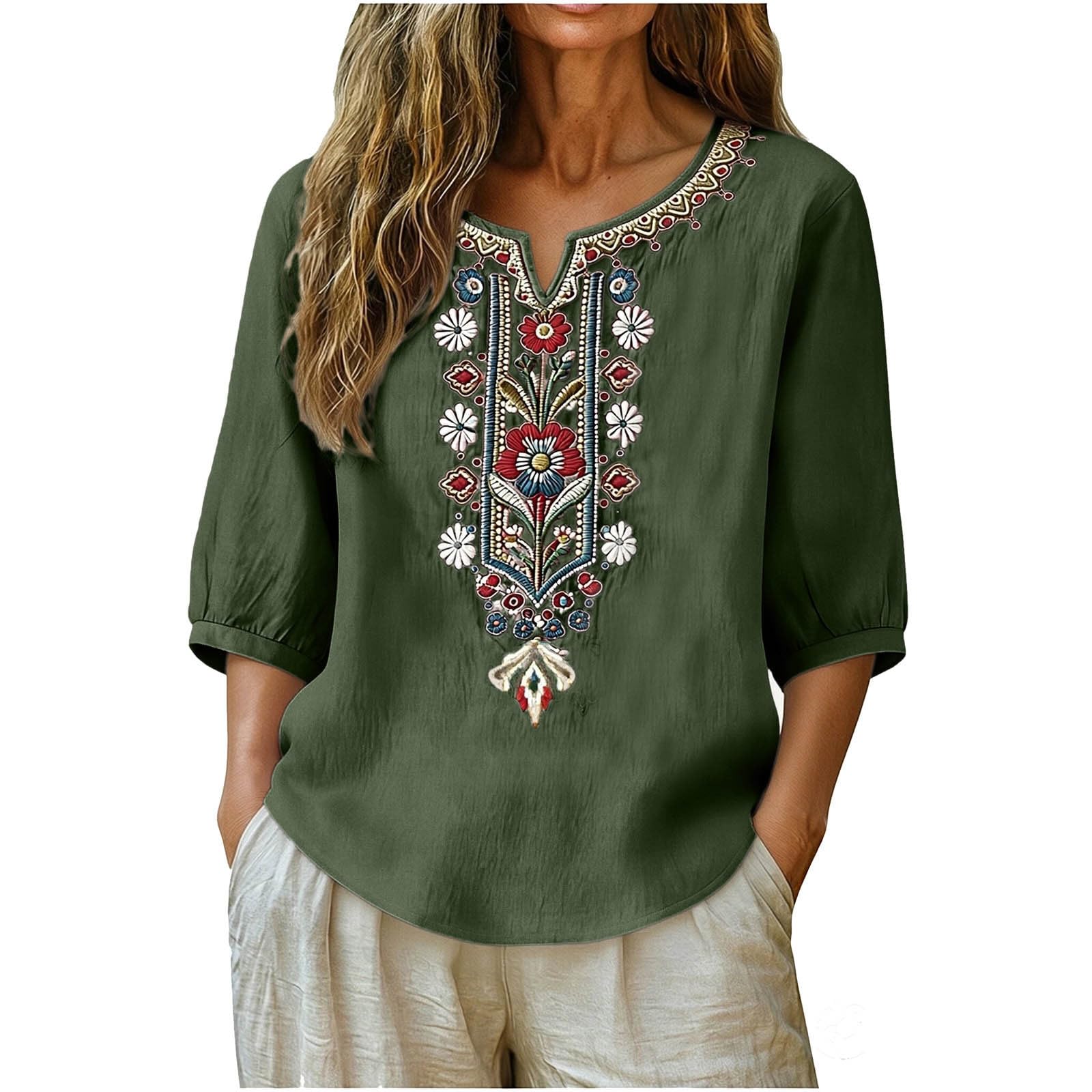Chemisier Femme Lin Décontractée Été Huats Femme en Coton Et Lin Manches 3/4 Col Round Chemise Brodé Floral Rétro Style Ethnique T-Shirts Léger Et Respirant Tee Shirt Tunique Top Ample