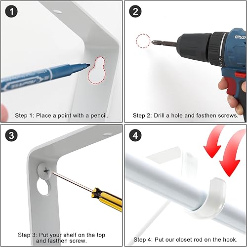 Miniatura 7 de Soportes de barra de armario con barra de 64 pulgadas, soportes de estante de armario resistentes con soporte para barra para almacenamiento de