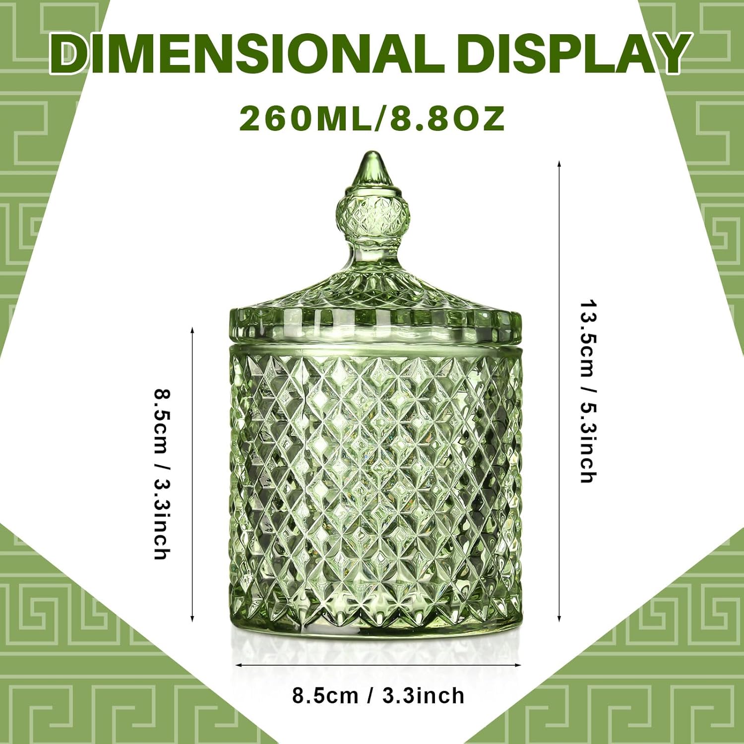 Aoriher 4 Pcs Crystal Glass Candy Jar Set with Lids Home Decorative Storage Jars for Apothecary, Bathroom, Kitchen, and Pantry, Ideal for Cotton Swabs and Jewelry (Medium,Green)