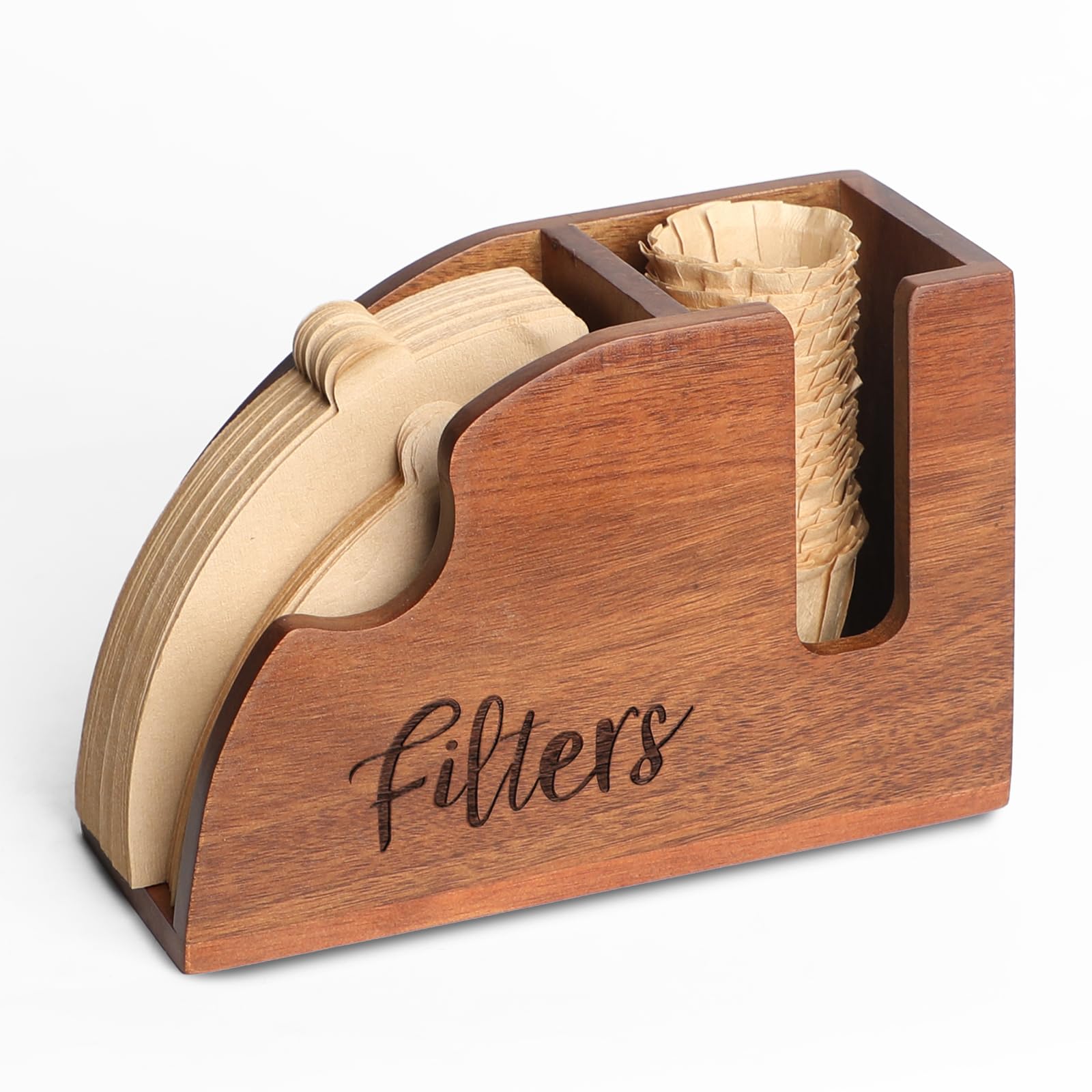 LBEMEY Acacia Wood Coffee Filter Holder - V60 Size 01 & 02 Cone Coffee Filters Storage Organizer, Disposable K-Cup Filter Holder, Coffee Bar Decor