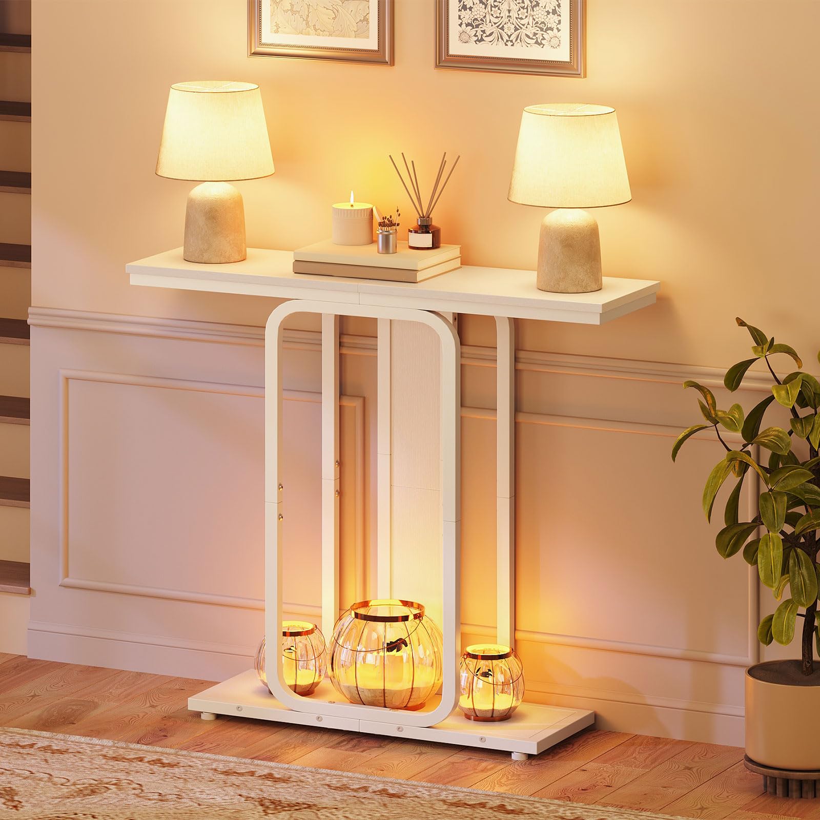 HOOBRO Table d’Entrée de Style Industriel avec Rangement, Présentoir à Structure Géométrique à 2 Niveaux, pour Entrée, Hall, Salon, Chambre, Salle à Manger, Couloir, Blanc EWW68XG01