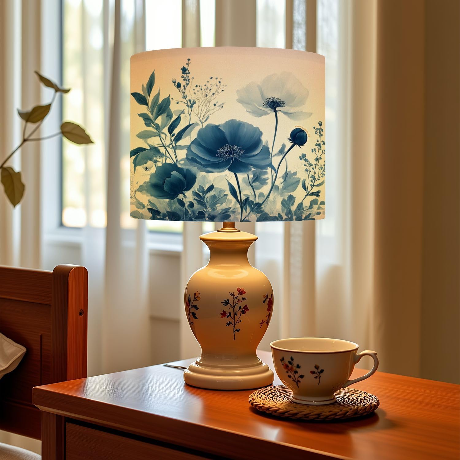 Linen Drum Lamp Shades 1 Pack, 13’’Wx10’’H, Blue Floral Navy Blue Wildflower Lily Daisy Botanical Flower Replacement Lampshades for Floor Lamps Table Lamps Modern Farmhouse Lampshade Easy Assembly