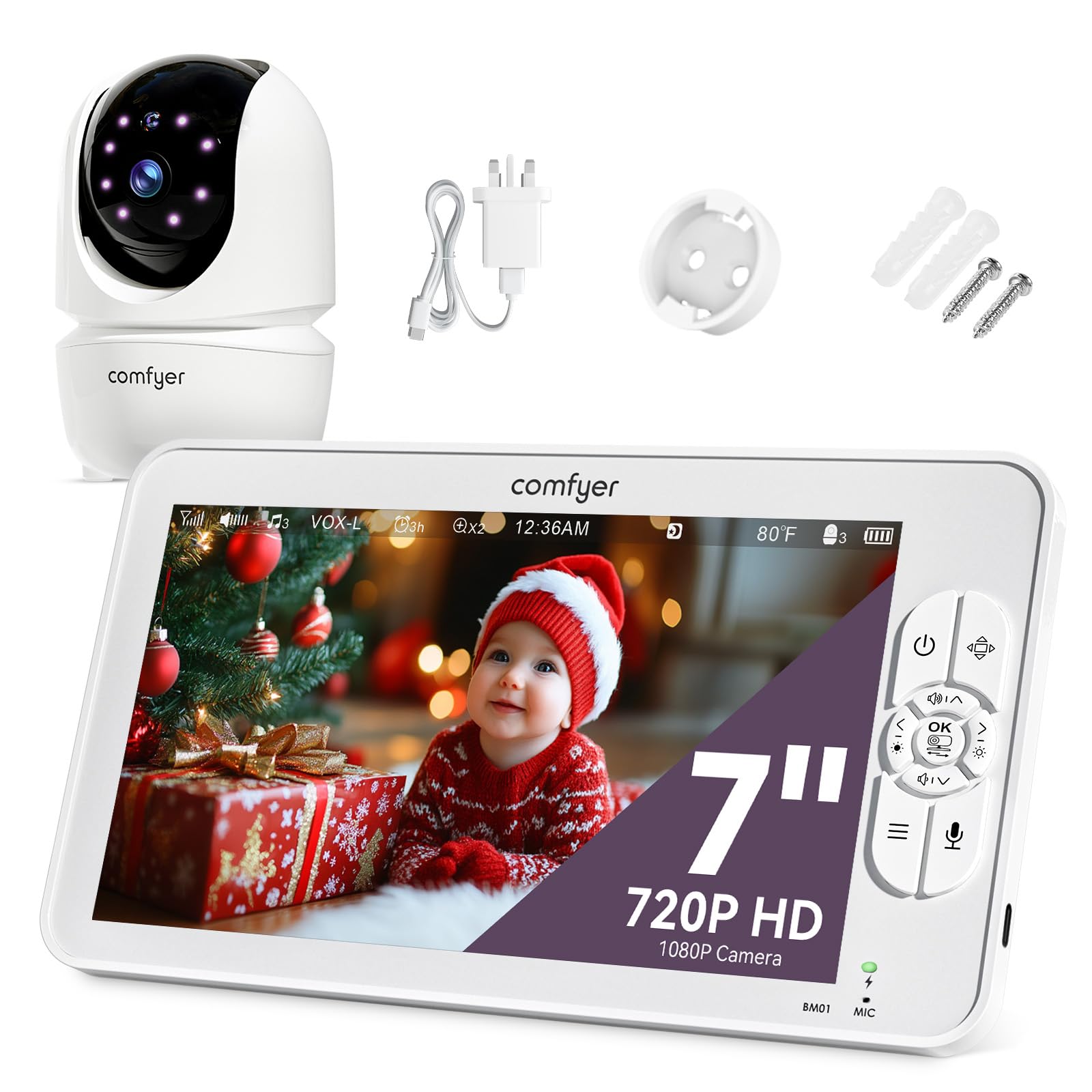 Baby Monitor with 1080P Camera and Audio, 7" 720P HD Video Baby Monitor No WiFi, 4000mAh Battery, VOX Mode, Auto Night Vision, Hack Proof, Remote PTZ, 7 Lullabies & White Noise