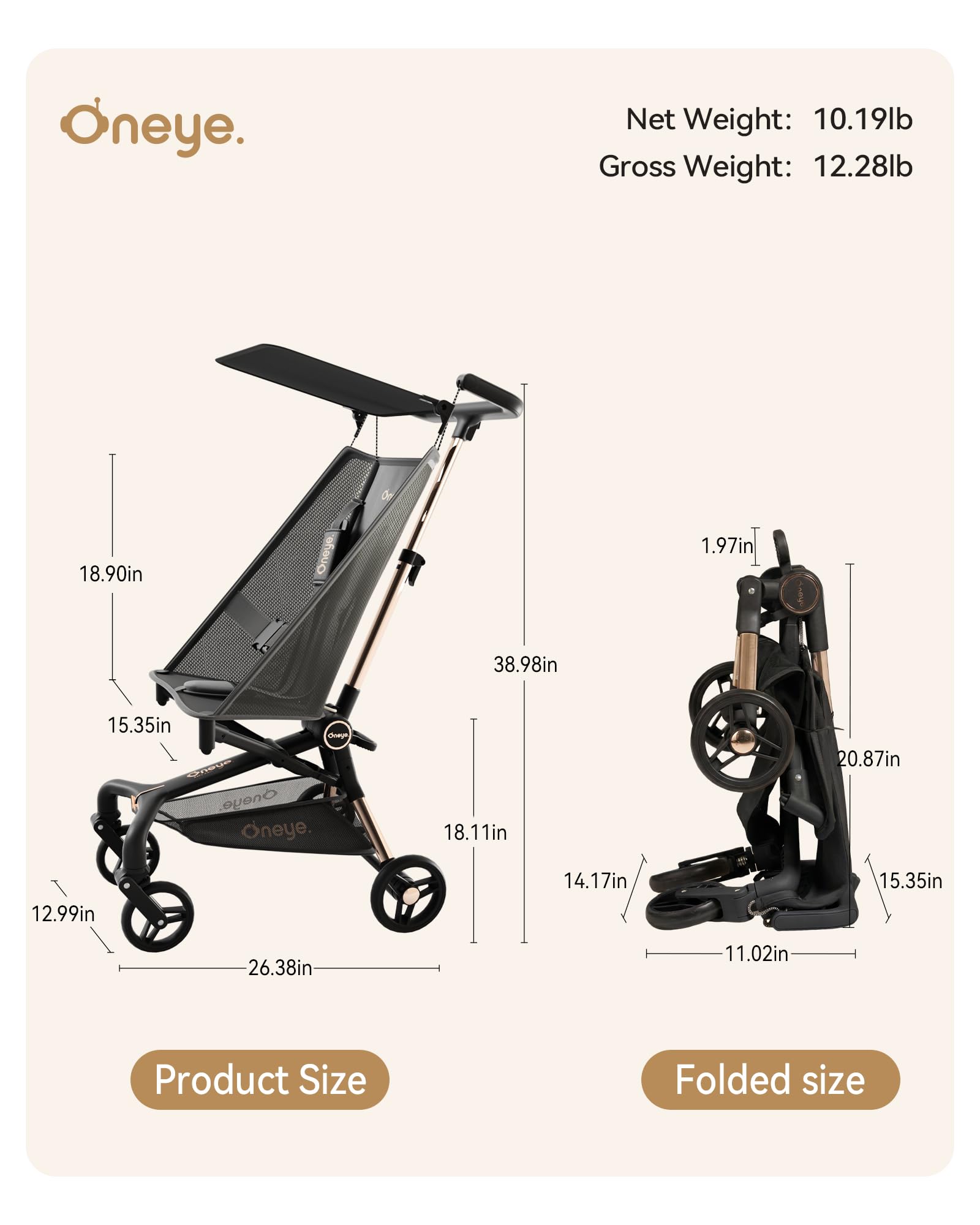 Oneye Travel Stroller for Airplane, Ultra Lightweight Baby Stroller for Toddlers with Canopy, Foldable & Compact Strollers with Jumbo Seat & Large Storage Basket,10.19lb,Stable & One-Hand Fold, Black - 3