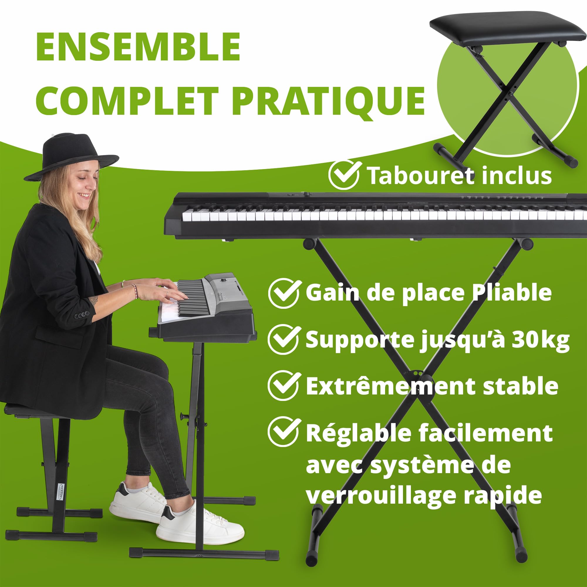 Classic Cantabile Set Clavier Support X-Keyboard 5 Positions réglables en Hauteur - Banc Clavier rembourré 3 Positions réglables – Support Pliable Stable et Tabouret Confortable - Noir