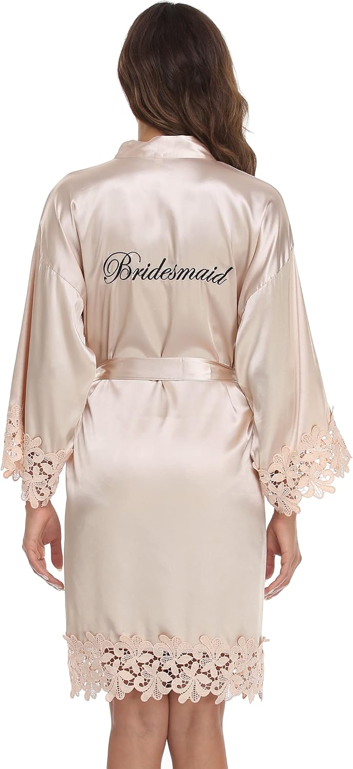 Women's Bride Bridesmaid Robe with Lace Trim Wedding Party Kimono Robes Soft Satin Bathrobe Getting Ready