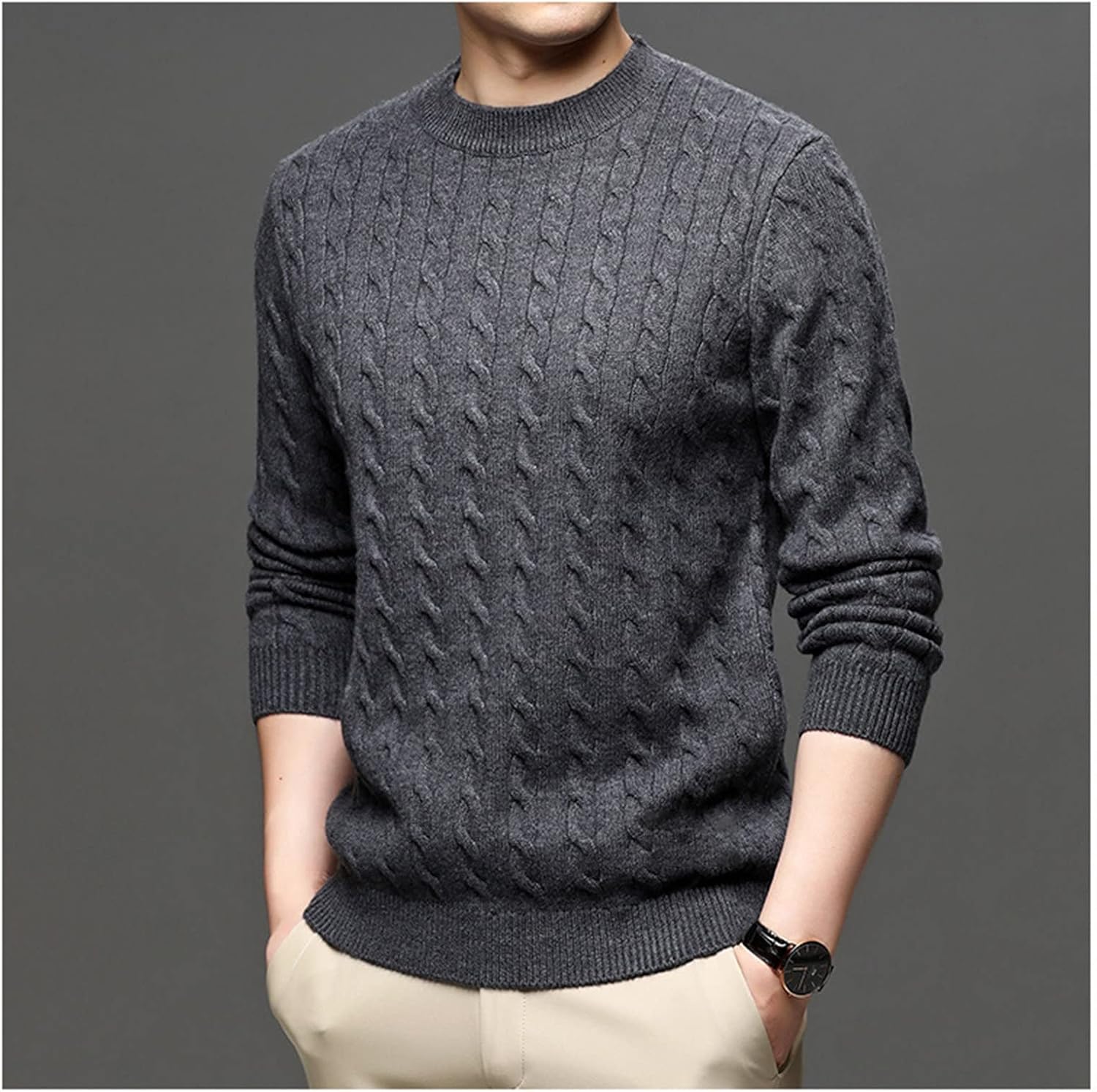 Men's Crewneck Long Sleeve Twisted Pullover Tops Casual Fit Fleece Cable Knitwear Thick Warm Wool Blend Sweaters (Grey,110) : Beauty & Personal Care