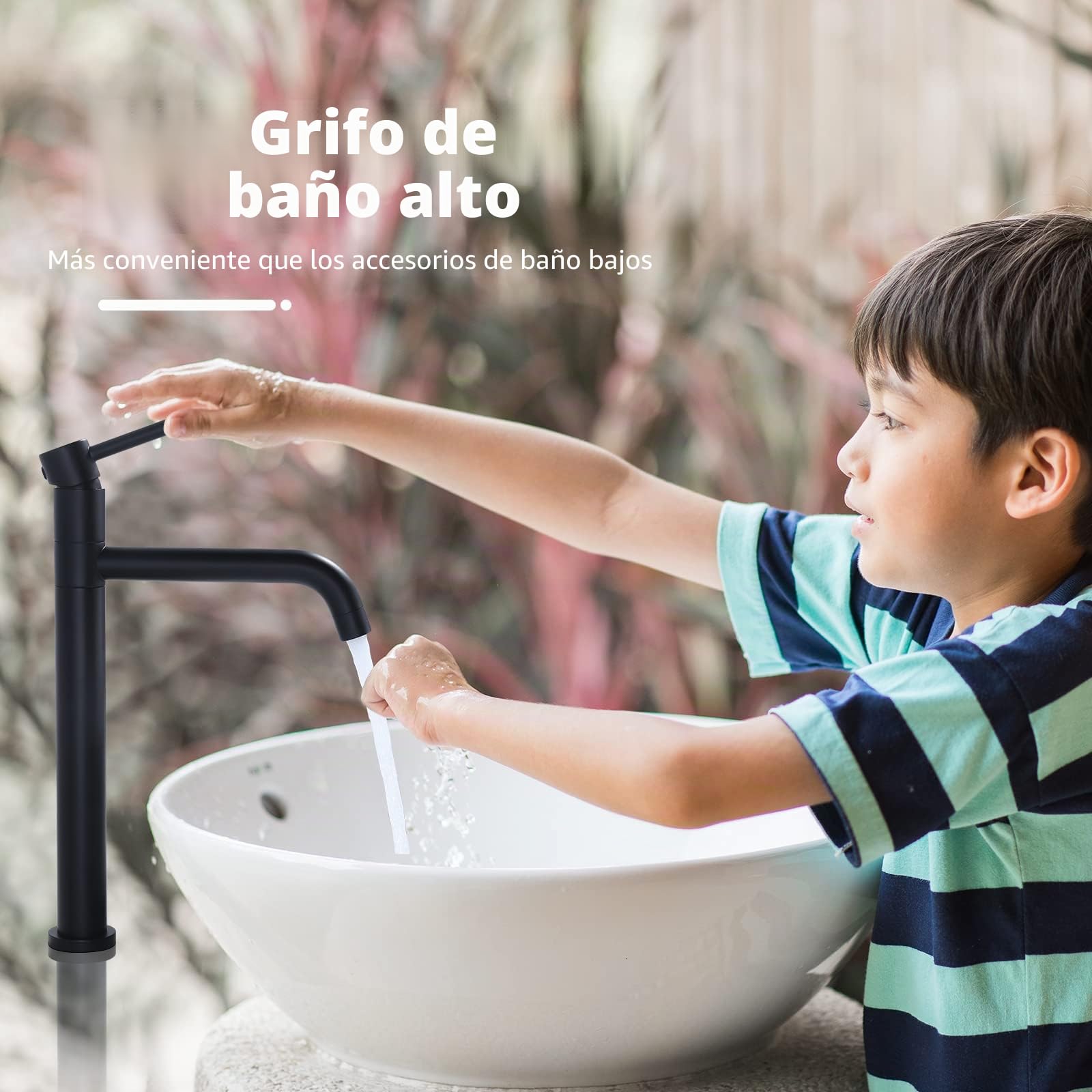 ARCORA Grifo de Lavabo Elevado, Grifo de Baño, con Aireador Extraíble y Cartucho Cerámico, Giro de 360°, Salida de Agua Fría y Caliente Regulable, para Lavabos Elevados de Baño, Negro