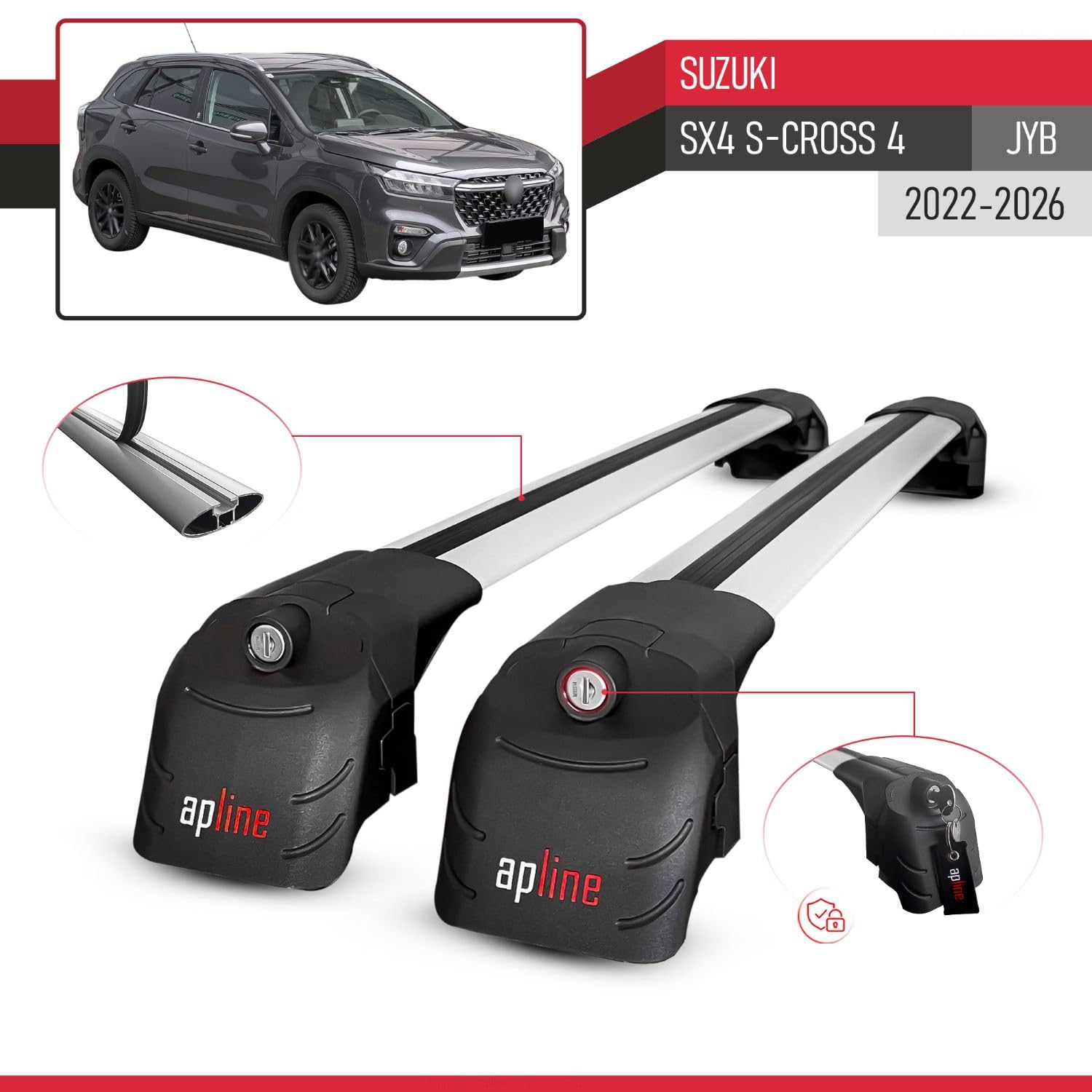 RE&AR Tuning Compatible avec Suzuki SX4 S-Cross 4 (JY) 2022-2025 ACE-2 Barres de Toit Railing Porte-Bagages de Voiture Gris Aluminium 2 Barres