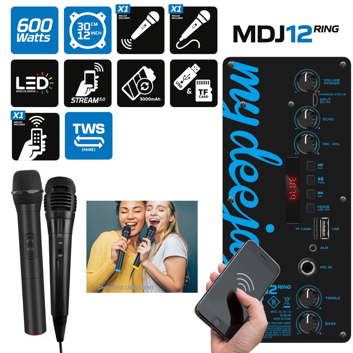 Enceinte Sono 600W Portable sur Batterie, Karaoké DJ USB, Bluetooth, TWS, 2 Micros, Lumière, Cadeau Soirée Fête Anniversaire