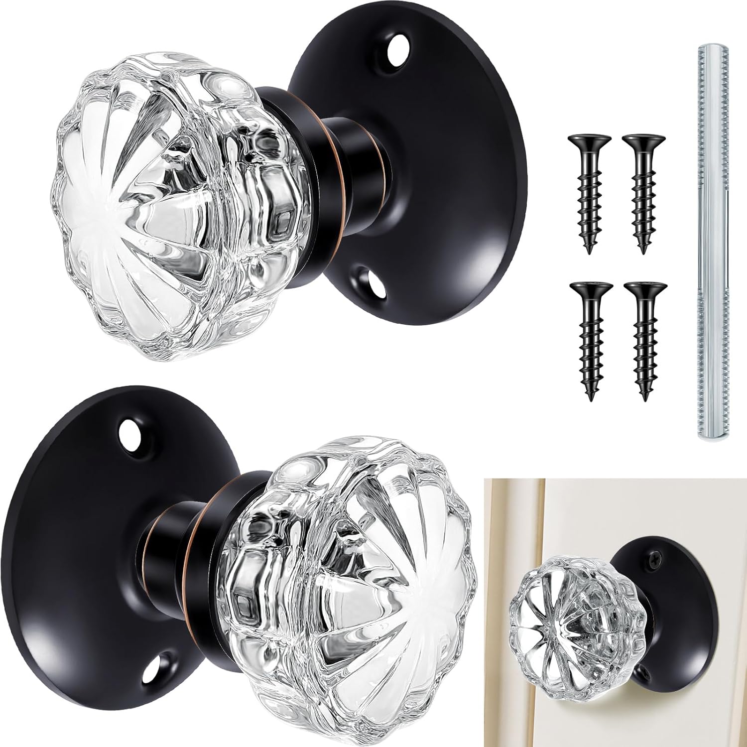 Amylove 1 Set Glass Door Knobs Antique Crystal Door Knobs Vintage Mortise Style Fluted Replacement Kit with 2-1/2 in Satin Brass Privacy for Bedroom Bathroom(Black)