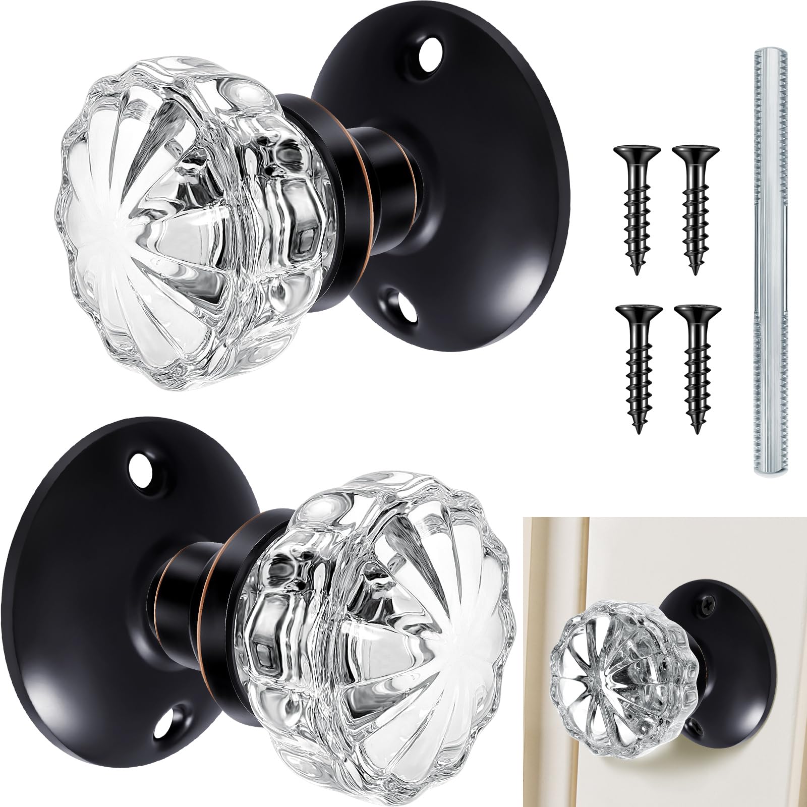 Amylove 1 Set Glass Door Knobs Antique Crystal Door Knobs Vintage Mortise Style Fluted Replacement Kit with 2-1/2 in Satin Brass Privacy for Bedroom Bathroom(Black)