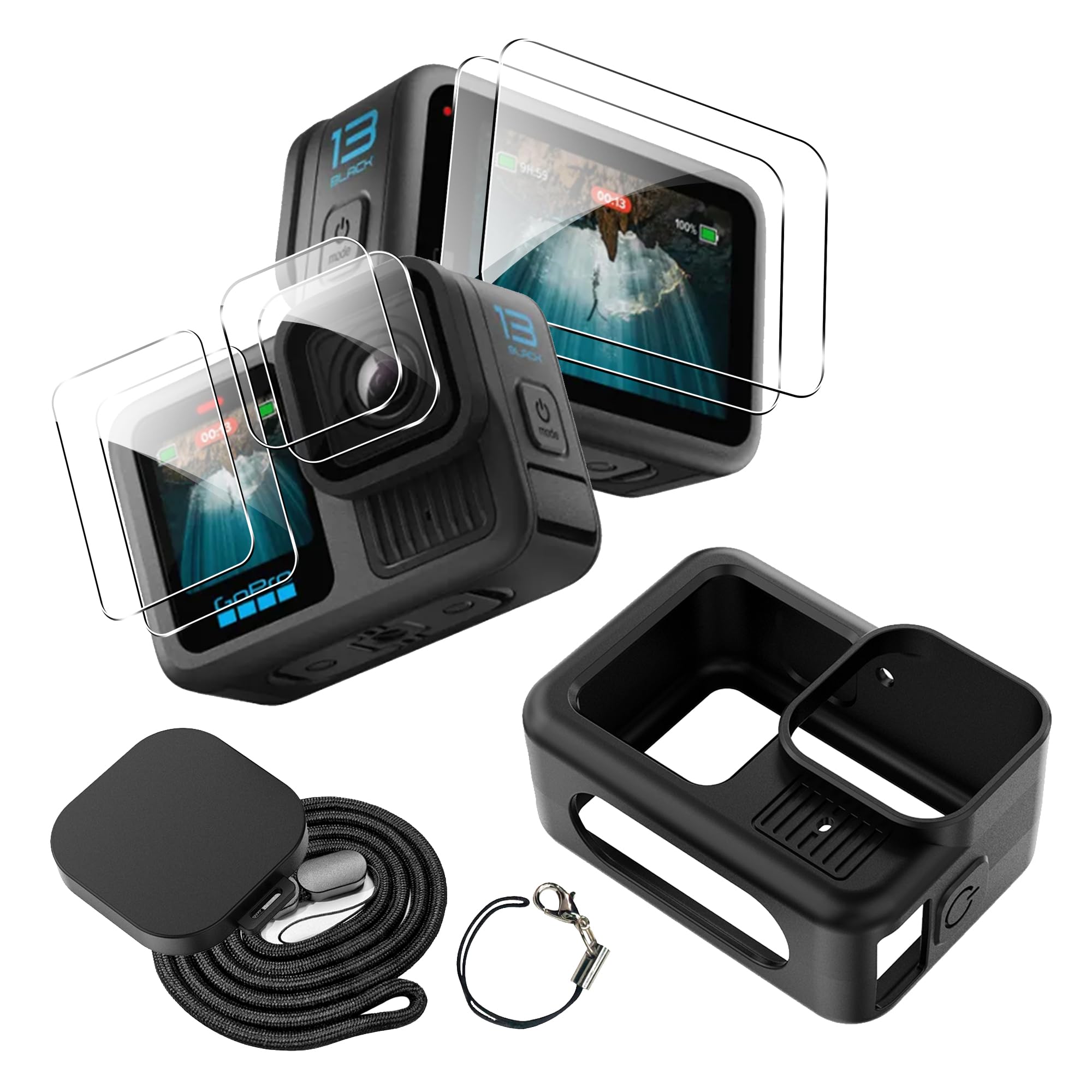 for Go Pro Hero 13 Black Case with [6 Pack] Tempered Glass Protector Compatible,Soft Silicone Cas+Lens Cover Cap+ Lanyard Accessories Bundle Kit-Black