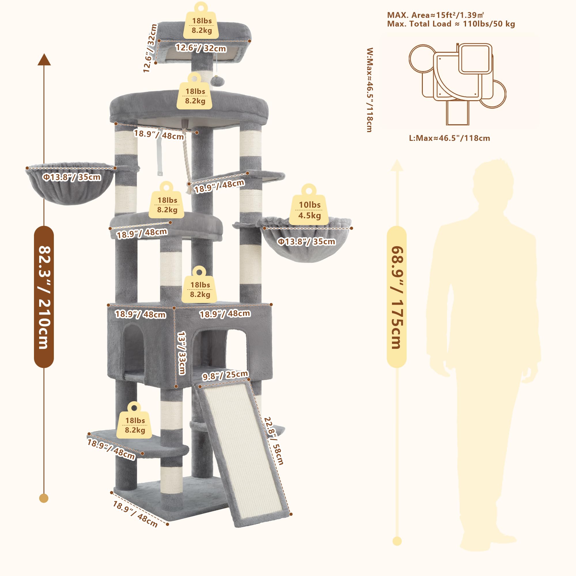 Heybly Árbol para Gatos XXL 210 cm, Torre Rascador Alta para Gatos Grandes de Interior, Condominio con 2 Cestas, Cueva, Plataformas y Tabla de Sisal, Gris Claro HCT063W