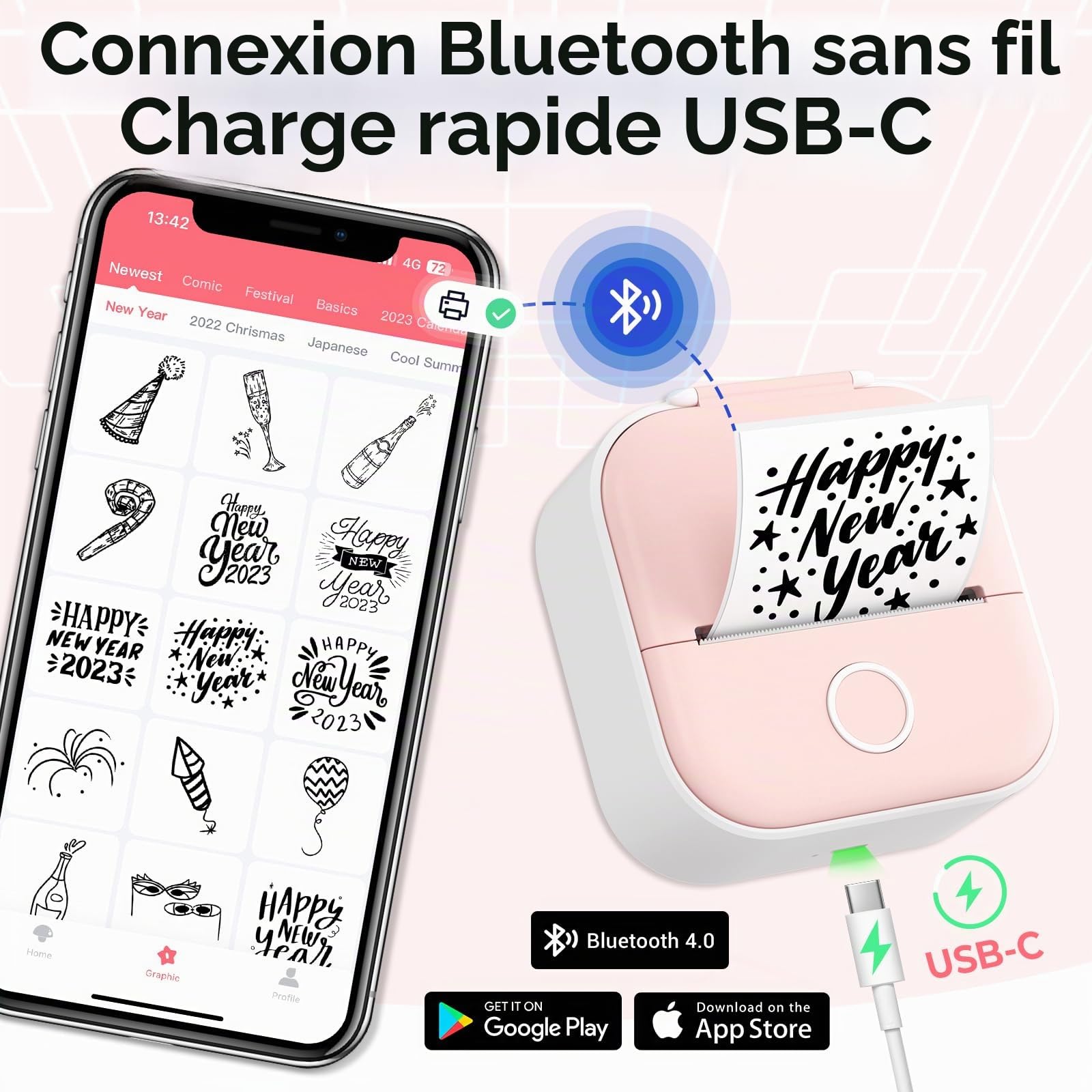 Mini Imprimante Thermique Portable T02, Autocollant pour Téléphones et Tablettes, Compatible iOS Android