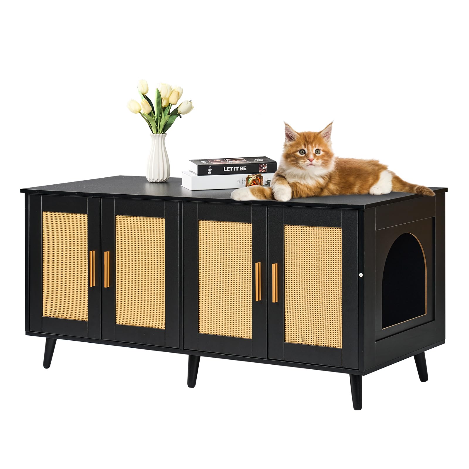 VEVOR Cat Litter Box Enclosure for 2 Cats, Litter Box Furniture Hidden with Rattan Decorated Doors, Wooden Cat Box Cabinet Fit Most of Litter Box, 47.2" L x 19.7" W x 21.7" H, Black