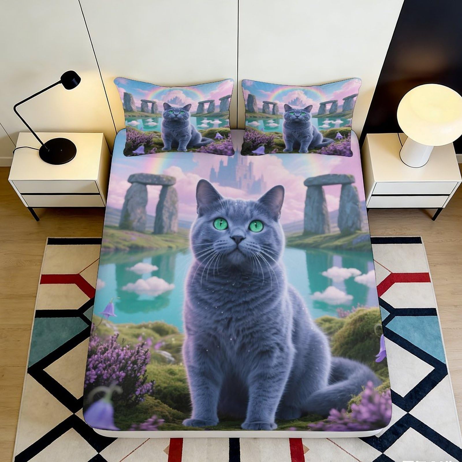 3D Printed Mystical Cat Fitted Sheet Microfiber Soft Breathable Fantasy Stonehenge Mattress Cover Bedroom Decor 90x200x25cm
