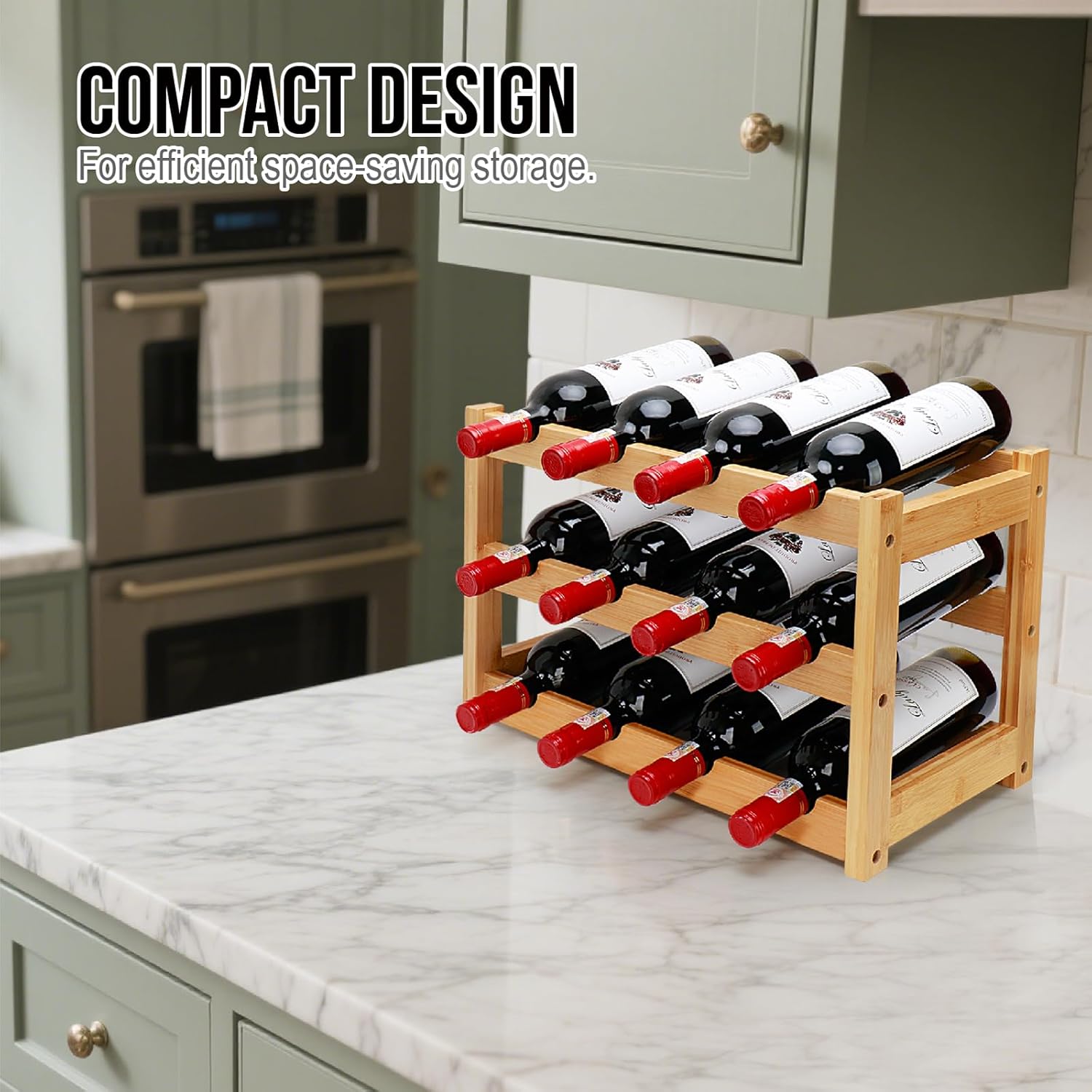 Bamboo Wine Rack, 3-Tier 12 Bottles Wine Storage Cabinet Shelf, Easy-Assembly Freestanding Bamboo Wine Racks Countertop for Kitchen Pantry Dining Room Bar, Natural