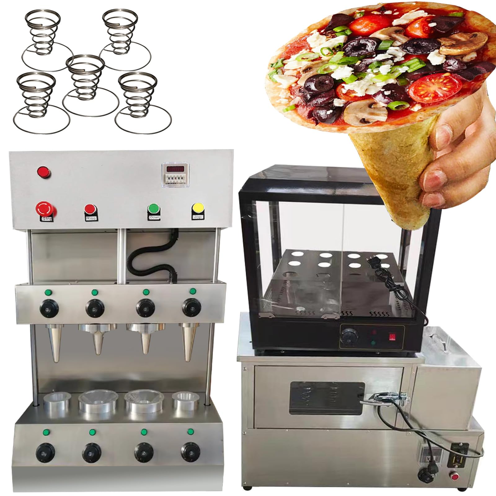 TXMACHINE® Pizza cone machine 4 cone maker with pizza oven,display warmer,pizza cone making machine,4 shapes (2 cone+2 umbrella maker+oven+warmer, 110V/60HZ)