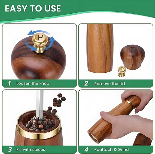 Miniatura 7 de Juego de molinillo de sal y pimienta de madera, molinillo de pimienta manual de 8 pulgadas con grosor ajustable, paquete de 2 saleros y pimenteros