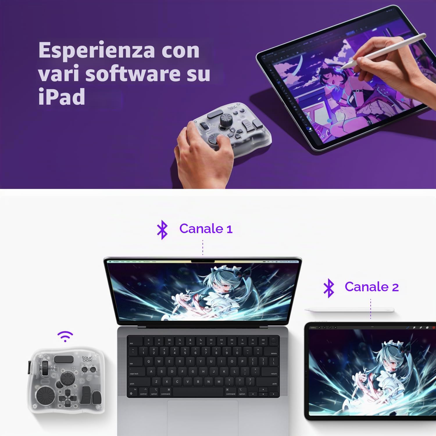 TourBox Elite Plus - iPad Disegno, Controller Bluetooth per Montaggio Video Fotografico, Console Creativa iPad/Mac/Windows, Tastiera Programmabile per Procreate, Lightroom, Photoshop, DaVinci -Bundle