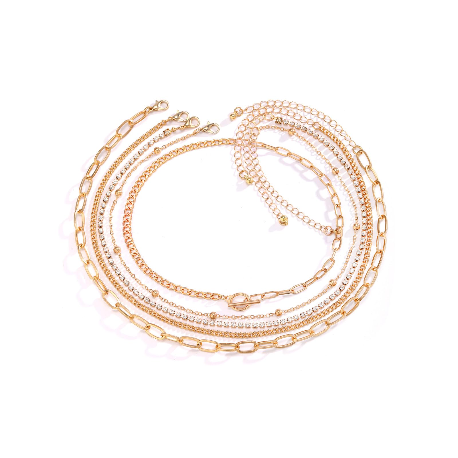 Rrdaily Trendy Gold Stackable Choker Necklace Set for Women Layered Paperclip Beaded Chain Link Necklaces OT Buckle Necklaces Jewelry Accessories
