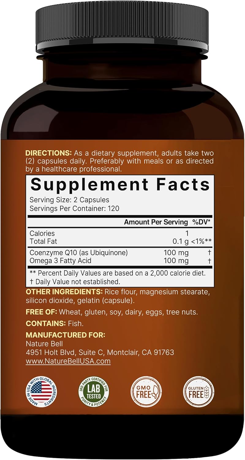 NatureBell CoQ10 100mg with Omega 3, 240 Capsules | Stable High Absorption Form – Antioxidant Support for Heart & Energy Health – Extra Strength Coenzyme Q10 Supplement