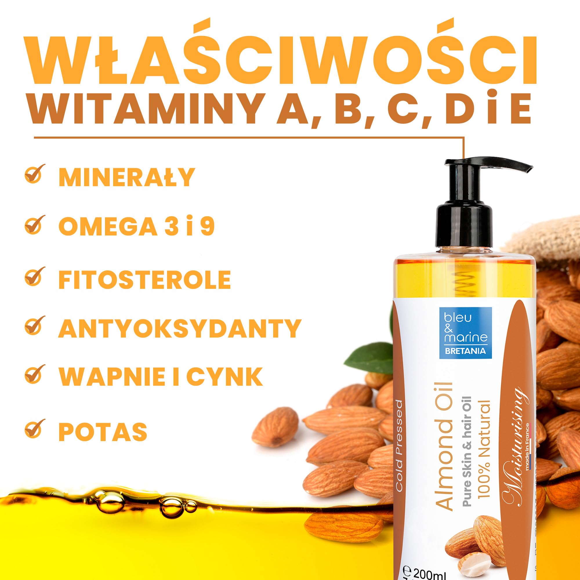 bleu & marine Bretania - 100% Naturalny Olej ze Słodkich Migdałów 200ml | Bez Syntetycznych Konserwantów | Idealny do Masażu | Wszechstronny Krem Nawilżający | Bogaty w Proteiny i Witaminę D