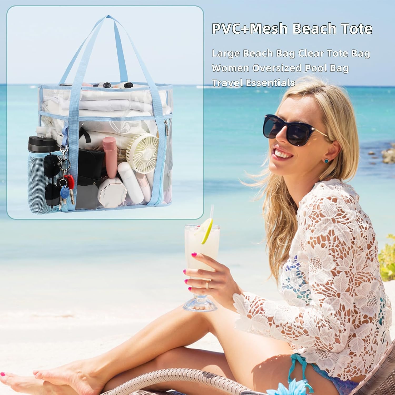 TINYAT Beach Tote Bag for Women Large Capacity - Waterproof Sandproof 6 Pockets with Zipper Gym Travel Shopping Handbag - Image 7