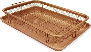 Crisping Basket & Tray Set | 2pcs 9" X 13" Air Fryer Basket For Oven | Crisper Tray Non-Stick, Oven Baking Tray with Elevated Mesh 9" x 13" small Gold
