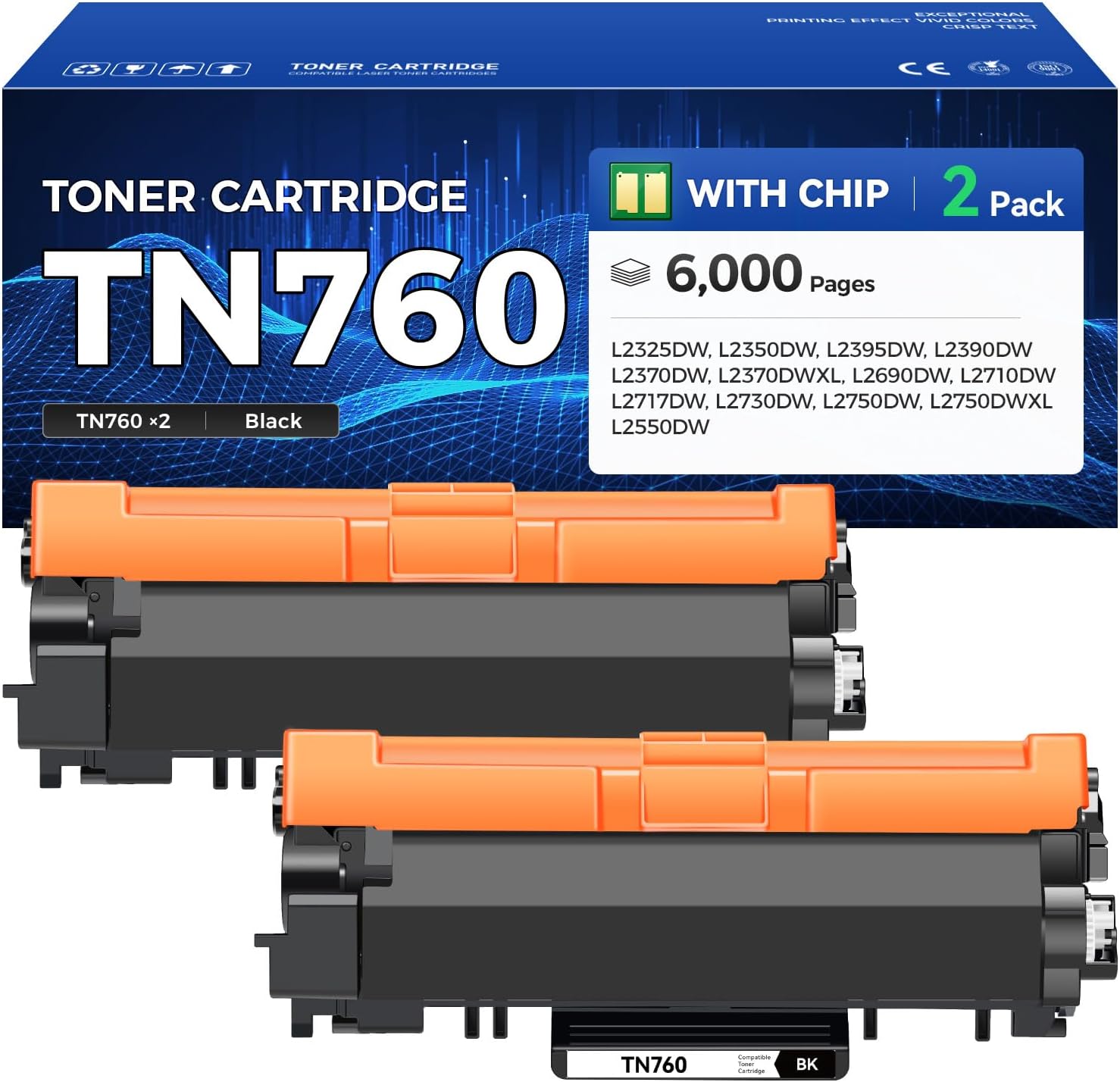 TN760 Toner Cartridge Black 2-Pack Printer Replacement Compatible for Brother TN-760 TN730 TN-730 MFC-L2710DW MFC-L2750DW HL-L2350DW DCP-L2550DW HL-L2395DW HL-L2370DW HL-L2325DW HL-L2390DW MFC-L2690DW
