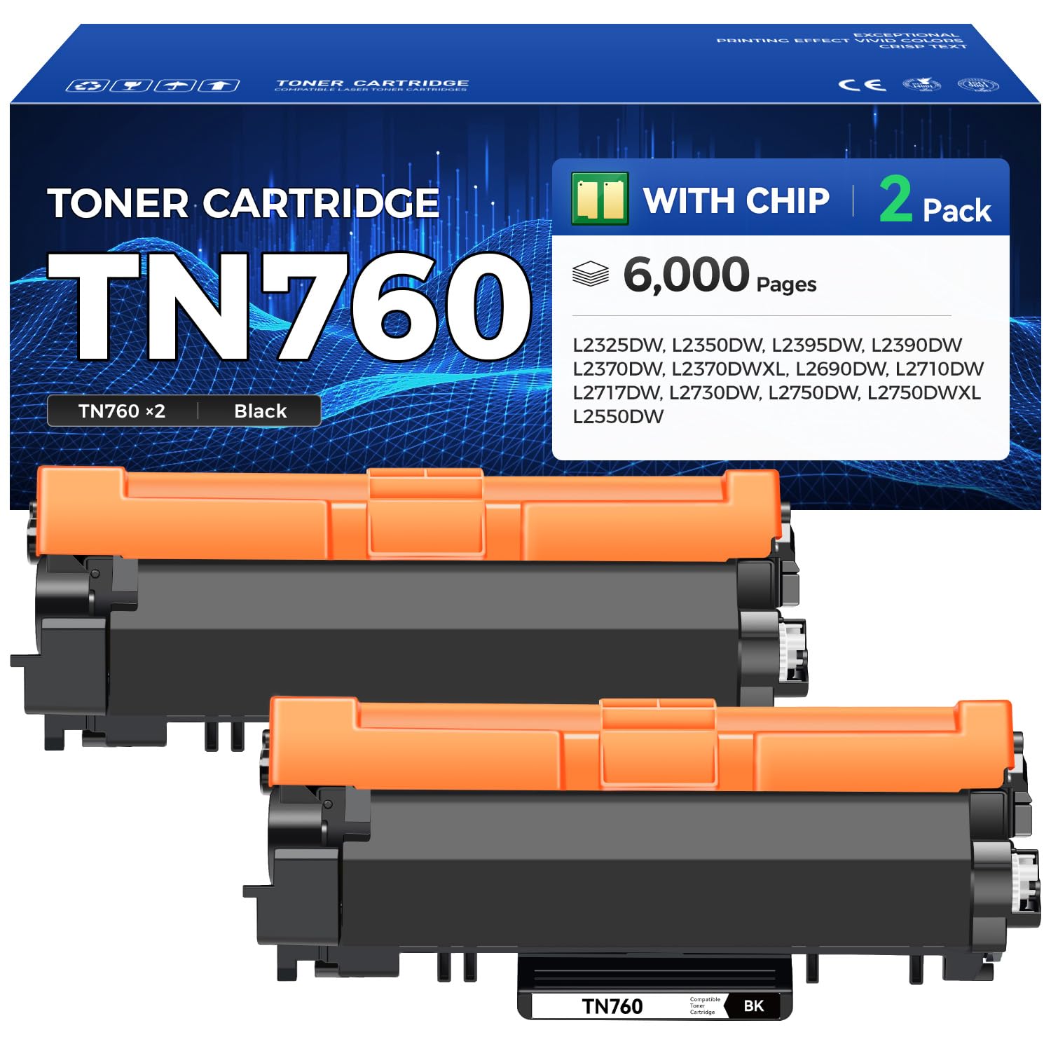 TN760 Toner Cartridge Black 2-Pack Printer Replacement Compatible for Brother TN-760 TN730 TN-730 MFC-L2710DW MFC-L2750DW HL-L2350DW DCP-L2550DW HL-L2395DW HL-L2370DW HL-L2325DW HL-L2390DW MFC-L2690DW