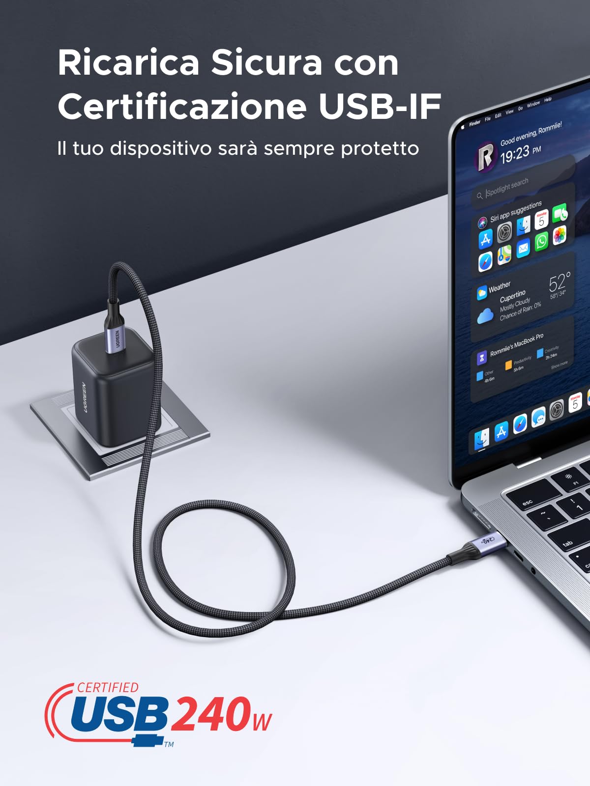 UGREEN Cavo USB C 240W, Certificato USB-IF Carica Rapida PD 3.1, Compatibile con Macbook Air, iPhone 17 Pro Max Air/16/15 Plus Pro Max, Galaxy S25 Ultra, Pixel 10/9/8, ecc. 1M